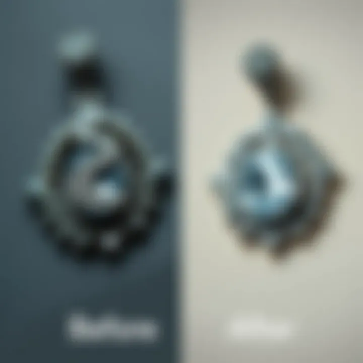 Before and after comparison of tarnished and cleaned silver jewelry