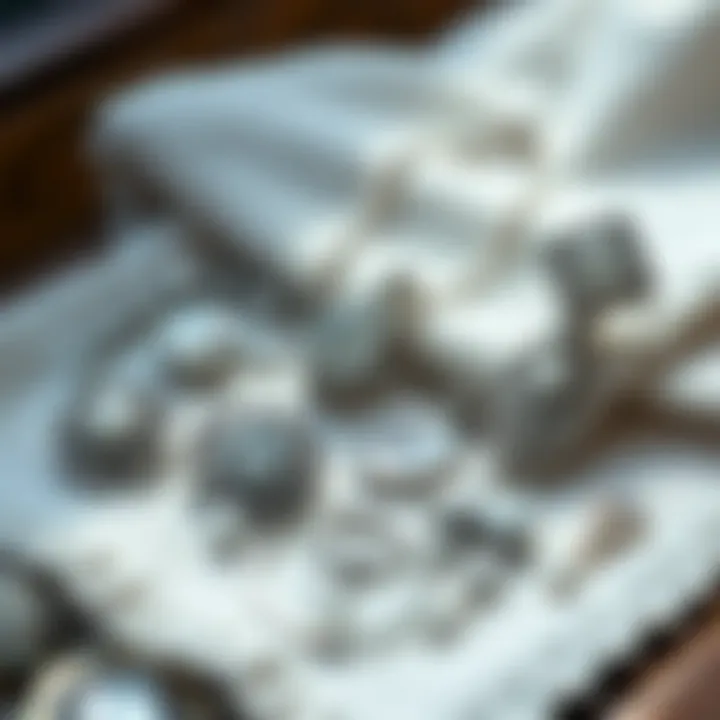 A selection of silver jewelry with a soft cloth for cleaning