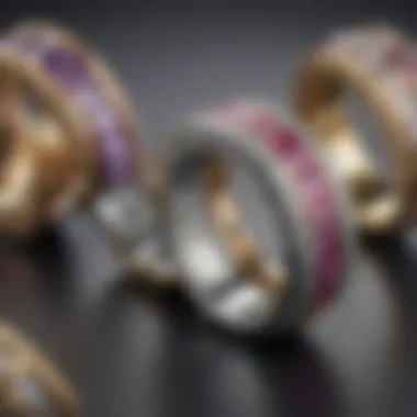 Close-up of wedding bands featuring different materials that complement baguette engagement rings.