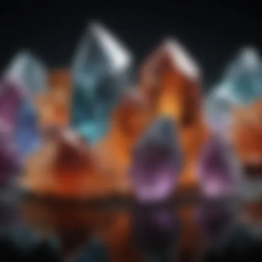 A close-up view of various crystals on a reflective surface, showcasing their unique colors and textures.