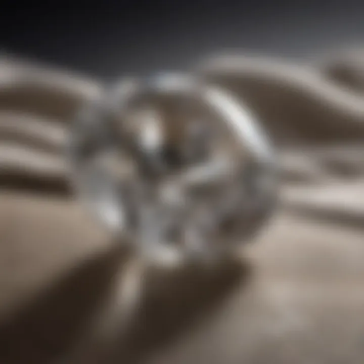 A sparkling diamond resting on a soft cloth with cleaning solutions in the background