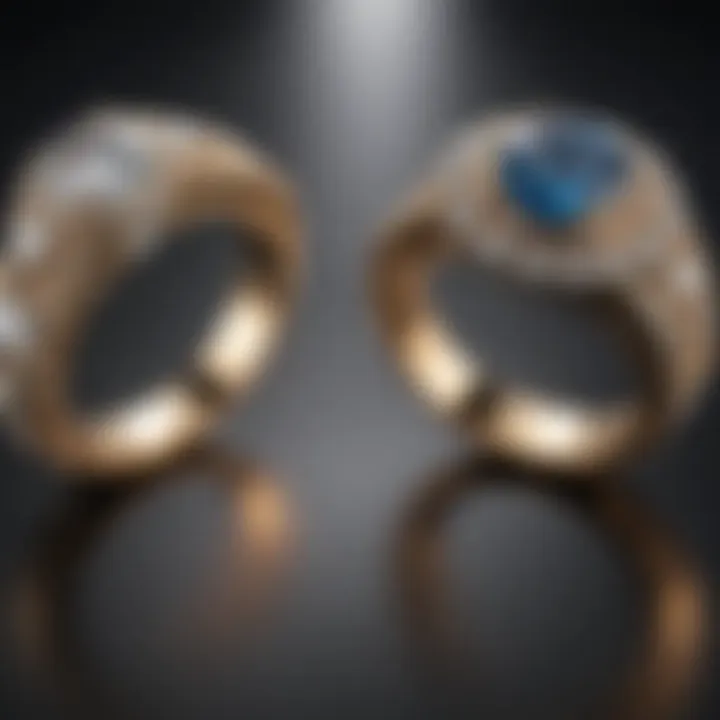 Comparison of high vs low setting rings with diamonds reflecting different lights