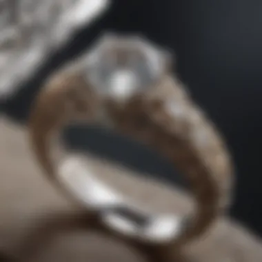 A close-up of an engagement ring with intricate design details