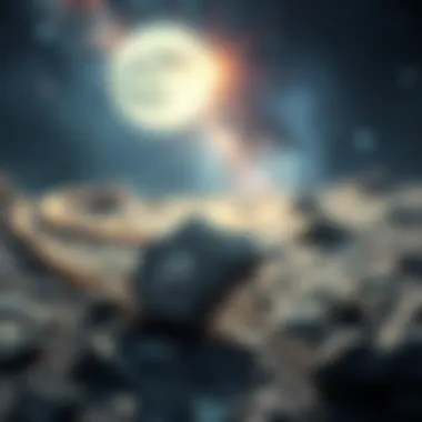 Celestial Origins of Moon Meteorites An artistic representation of moon meteorites in a cosmic landscape, emphasizing their celestial origins