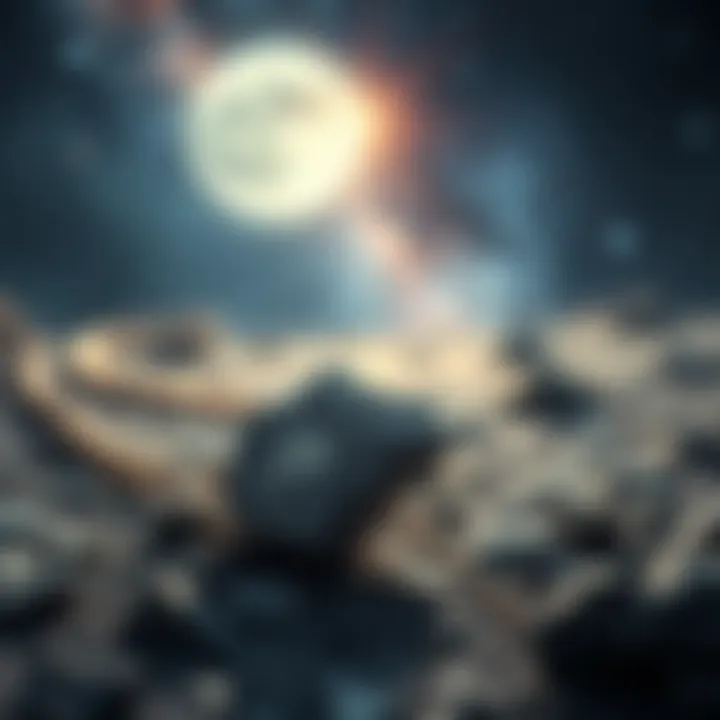 Celestial Origins of Moon Meteorites An artistic representation of moon meteorites in a cosmic landscape, emphasizing their celestial origins