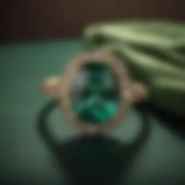 A stunning emerald ring displayed on a velvet cushion, showcasing its deep green hue and brilliance.