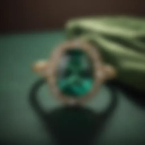 A stunning emerald ring displayed on a velvet cushion, showcasing its deep green hue and brilliance.