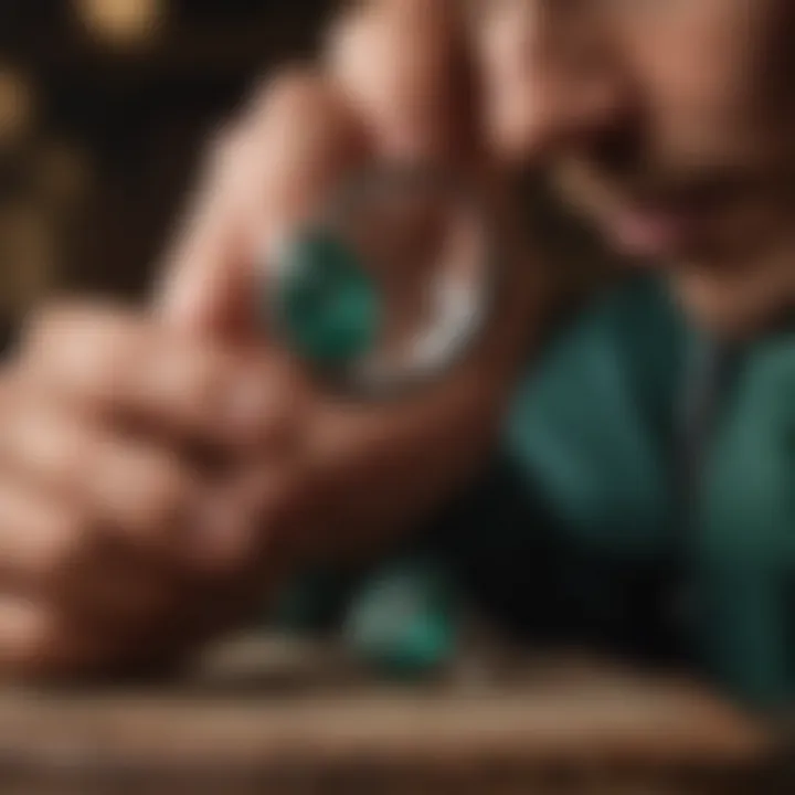 An artisan examining an emerald ring under a magnifying glass, emphasizing the importance of expert evaluation.