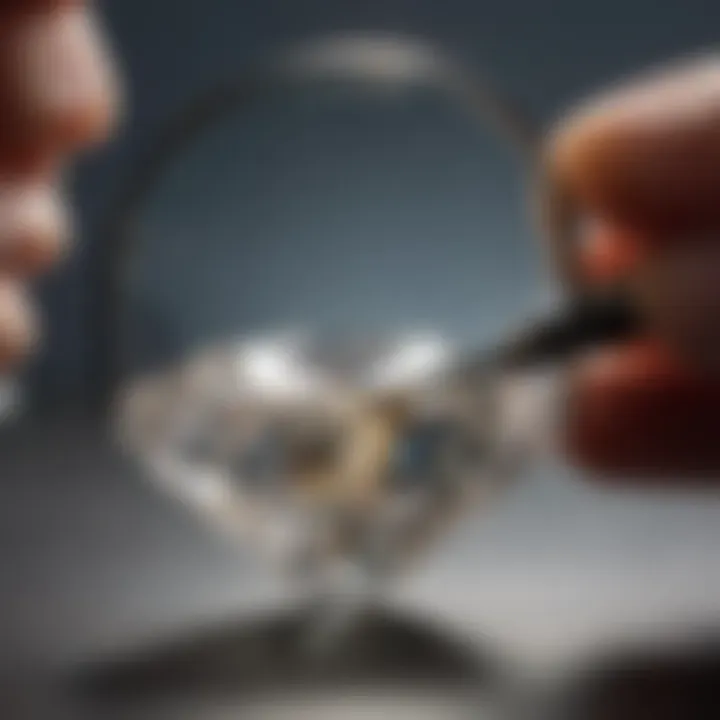 Close-up view of a diamond being examined under a magnifying glass