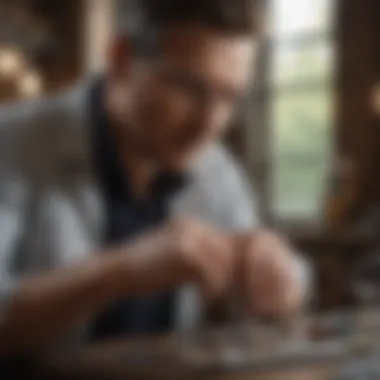 A well-lit workshop showcasing a skilled jeweler at work on a ring.