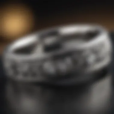 Close-up of a tungsten wedding band with intricate designs emphasizing its aesthetic appeal.