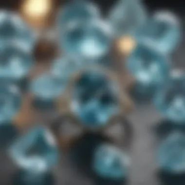 A close-up view of aquamarine stones in various settings