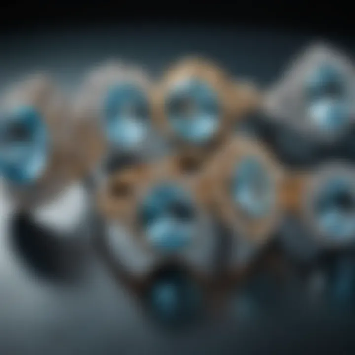 Different styles of aquamarine rings displayed on a velvet background