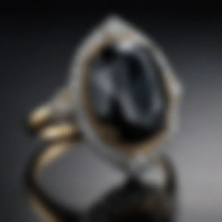 Close-up of a black stone diamond ring showcasing its unique setting