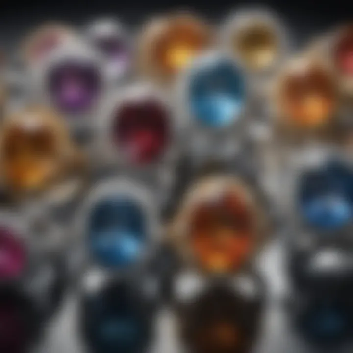 A collection of various gemstone rings arranged artistically, illustrating the diversity in styles and colors.