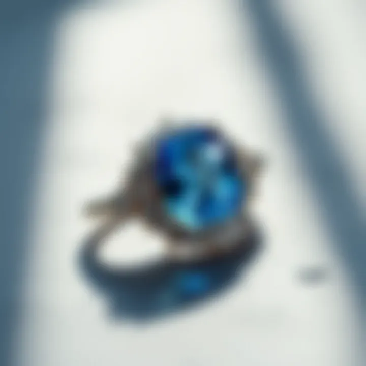 A beautifully designed piece of jewelry featuring a sapphire, reflecting light in captivating ways.