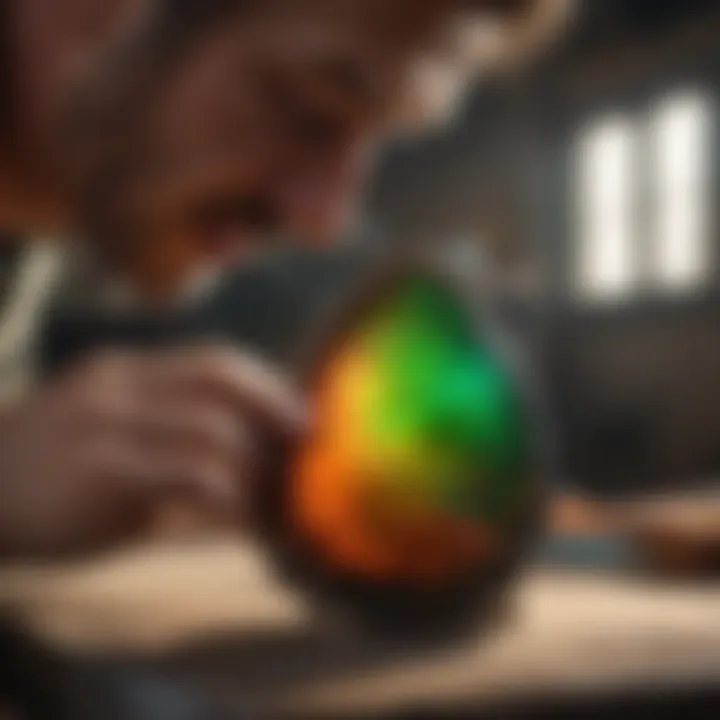 A skilled artisan cutting and polishing an ammolite cabochon.