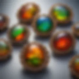 A stunning display of ammolite cabochons showcasing vibrant colors.