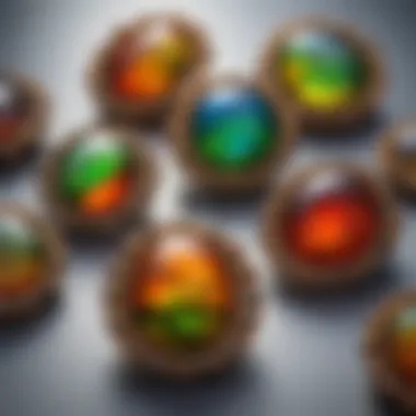 A stunning display of ammolite cabochons showcasing vibrant colors.