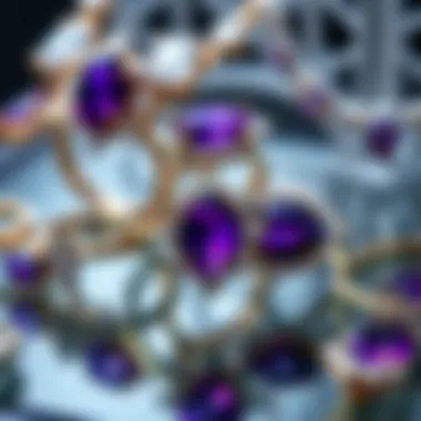 Stylish Display of Diamond and Amethyst Jewelry A beautifully styled jewelry display showcasing diamond rings with amethyst