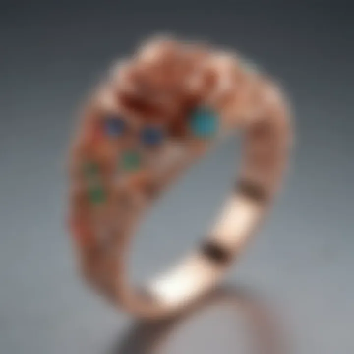 Rose gold band showcasing a floral motif and colorful gemstones