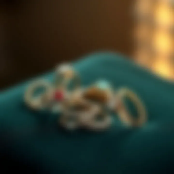 An elegant display of various divorce ring styles on a velvet surface