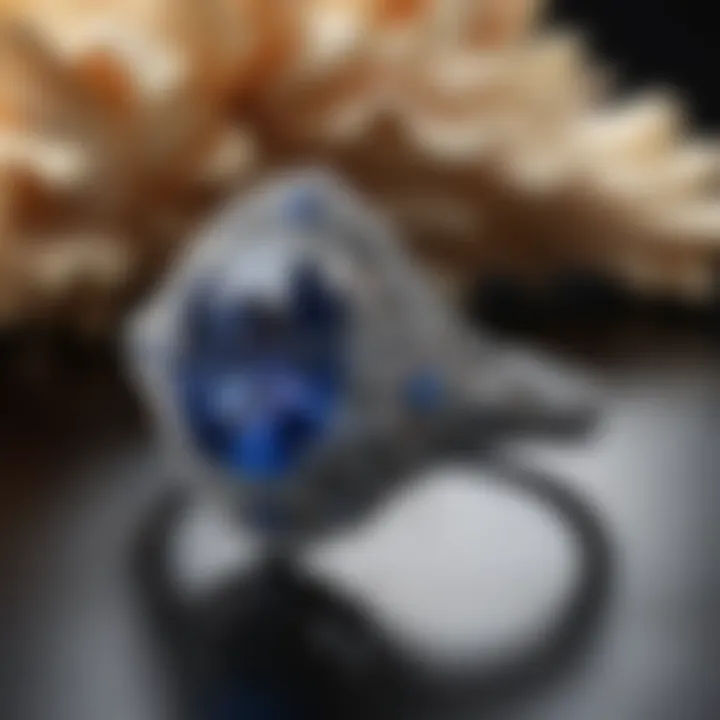 A close-up of a beautiful sapphire engagement ring with intricate detailing