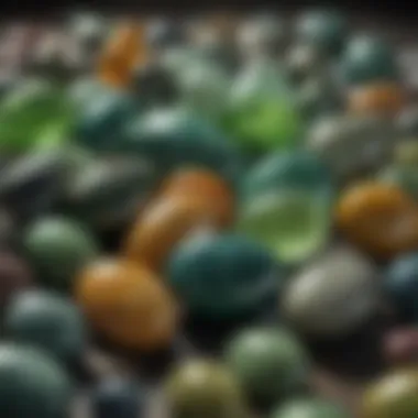 A close-up view of polished greenstones showcasing their unique textures and colors.