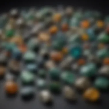 An array of different greenstone varieties displayed on a velvet background, emphasizing their diversity.