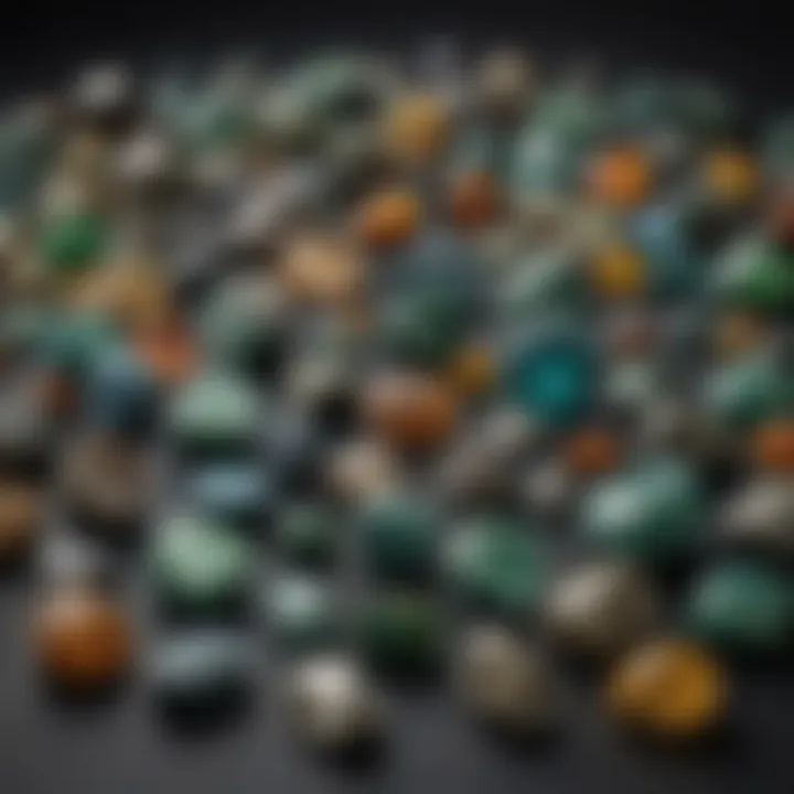 An array of different greenstone varieties displayed on a velvet background, emphasizing their diversity.