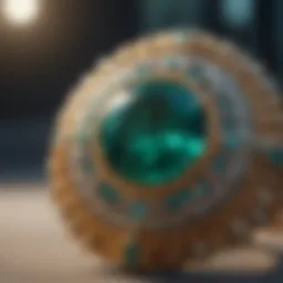 A close-up view of a manufactured emerald ring showcasing intricate details and vibrant color.