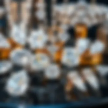 A stylish jewelry display featuring various moissanite pieces in different sizes