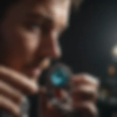 Examining Gemstone Quality A detailed examination of a gemstone with a jeweler's loupe