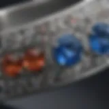 Close-up view of an intricately designed platinum band with gemstones