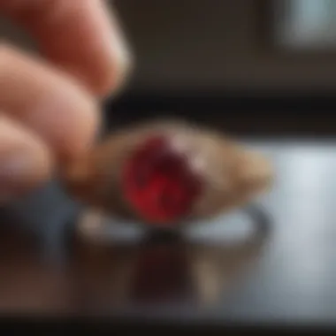 An artisan meticulously crafting a ruby solitaire ring in a workshop.