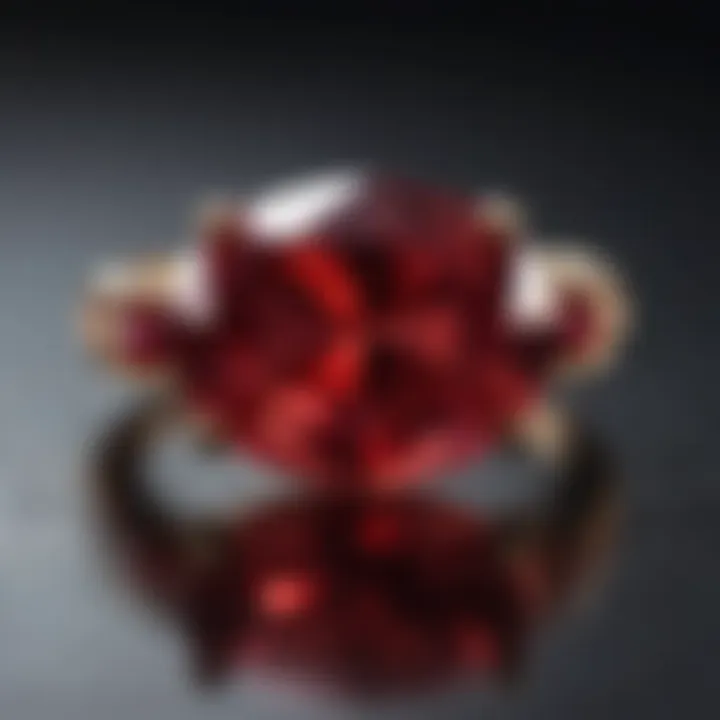 Close-up of a brilliantly cut ruby reflecting light in various hues.