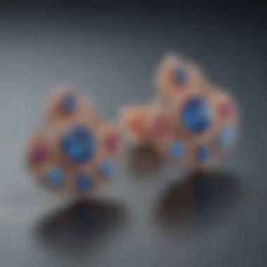 Artistic arrangement of Blue Nile rose gold earrings with accompanying gemstones