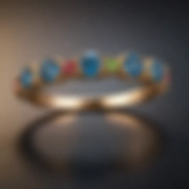 Close-up of a dainty band adorned with gemstones