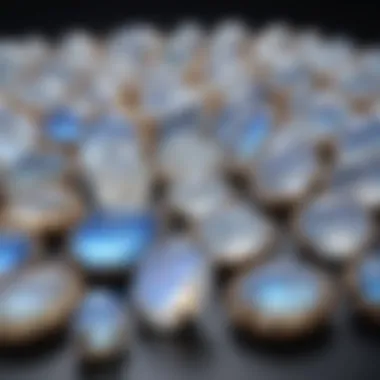 Dazzling Display of Rainbow Moonstone Cabochons Collection of various rainbow moonstone cabochons displayed elegantly.