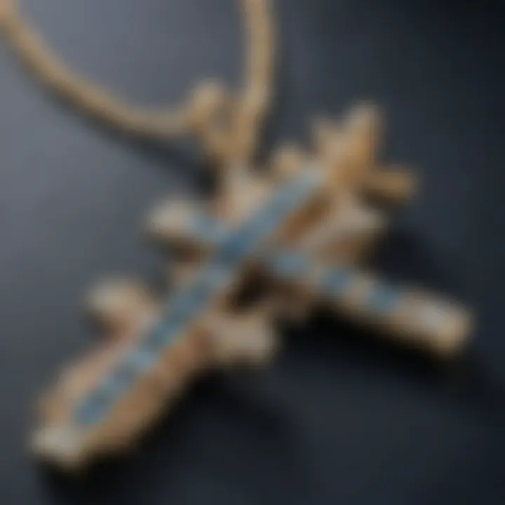 Close-up of gemstones in the Blue Nile diamond cross necklace