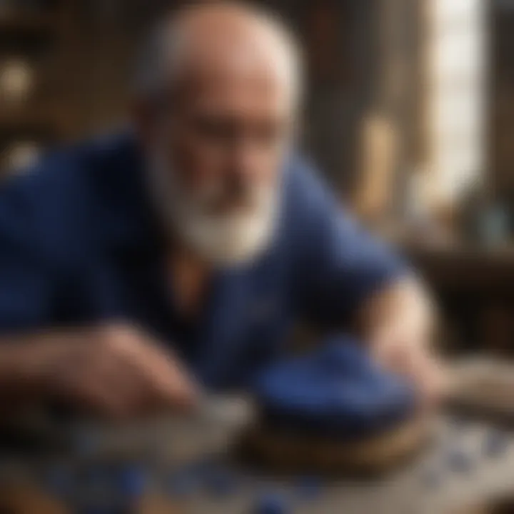 An artisan carefully polishing a piece of lapis lazuli, demonstrating the craftsmanship involved in gemstone processing.