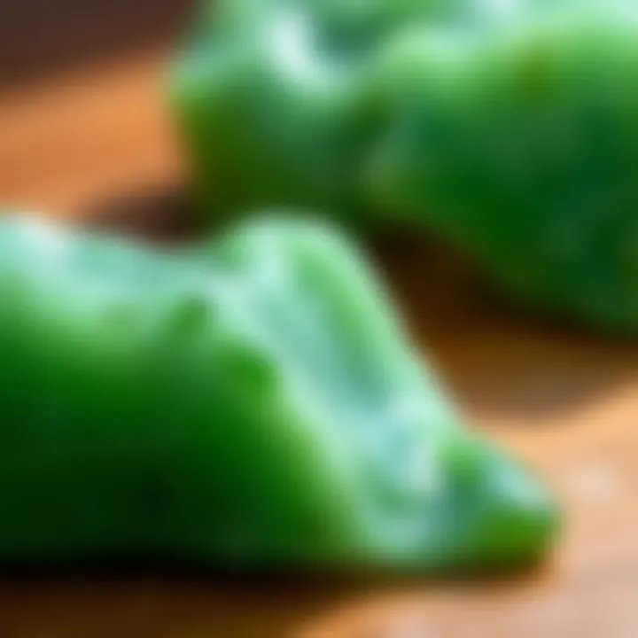 Close-up of a vibrant green jade crystal showcasing its rich color and texture.