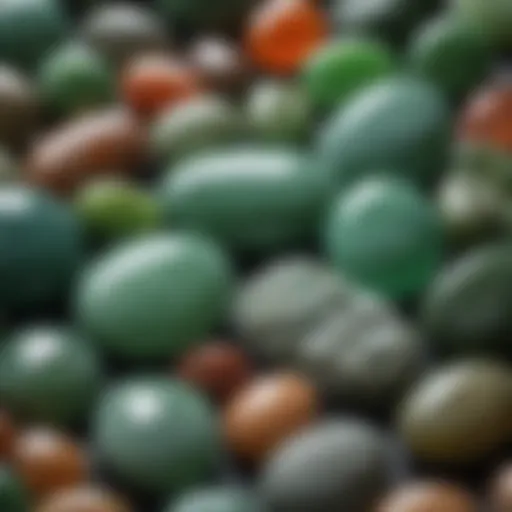 A close-up view of different jade stones showcasing their color variations and textures.