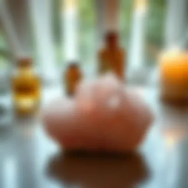 Rose Quartz in a Tranquil Wellness Environment A serene ambiance featuring rose quartz alongside essential oils and candles, highlighting a wellness setting.