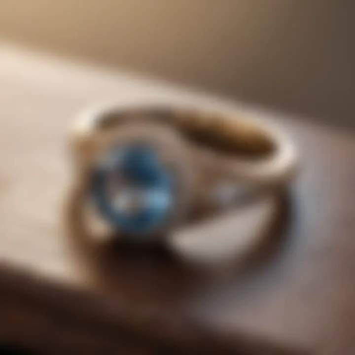 A serene setting featuring an elegantly displayed promise ring on a wooden table.