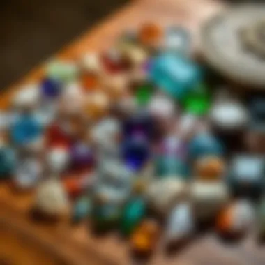Diverse collection of raw gemstones displayed on a wooden surface
