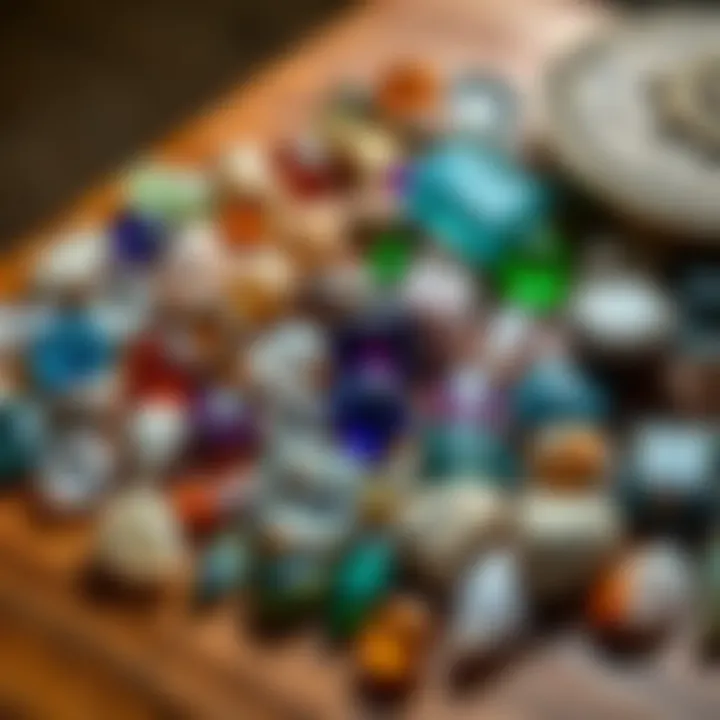 Diverse collection of raw gemstones displayed on a wooden surface