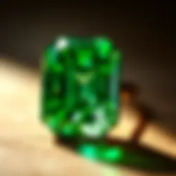 Close-up view of a stunning emerald gemstone showcasing its vibrant green color and clarity.
