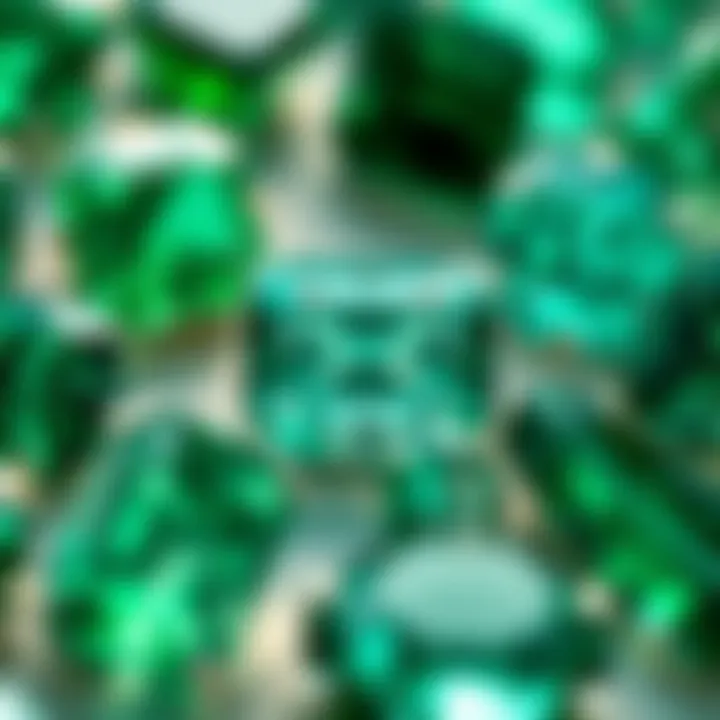 A visually captivating arrangement of emeralds in various shades and cuts, emphasizing their diversity.
