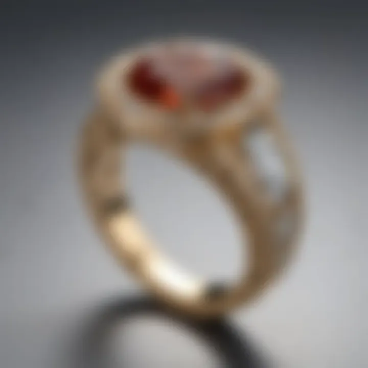 A side view of a unique wide engagement ring highlighting its design features.